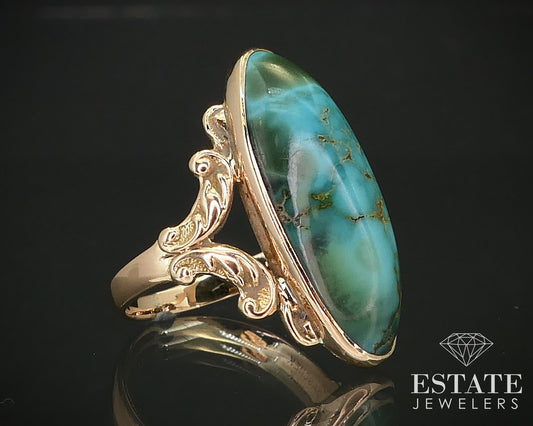 Antique 14k Yellow Gold Oval Natural Turquoise Ladies Ring 4.1g i16355