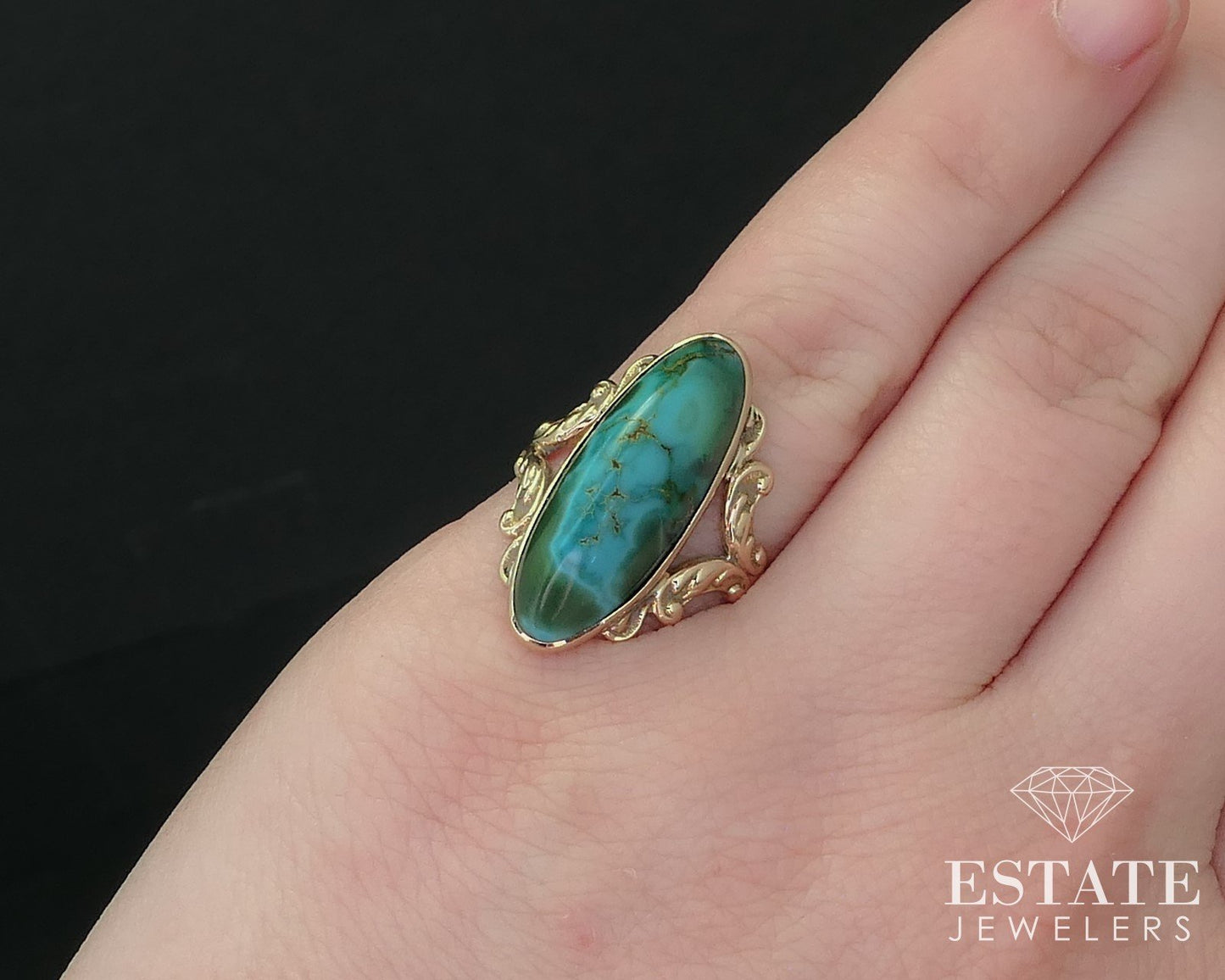 Antique 14k Yellow Gold Oval Natural Turquoise Ladies Ring 4.1g i16355