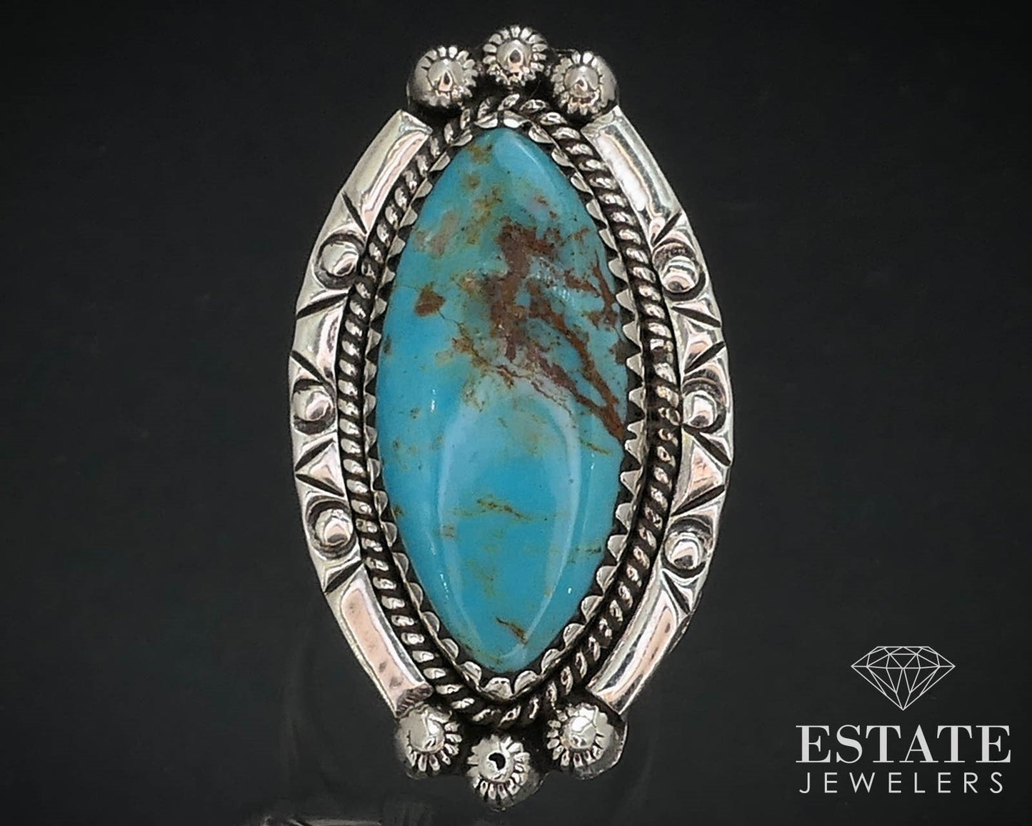 Vintage Sterling 925 Natural Turquoise Navajo Shield Ladies Ring 9.8g i16465