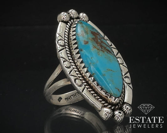 Vintage Sterling 925 Natural Turquoise Navajo Shield Ladies Ring 9.8g i16465