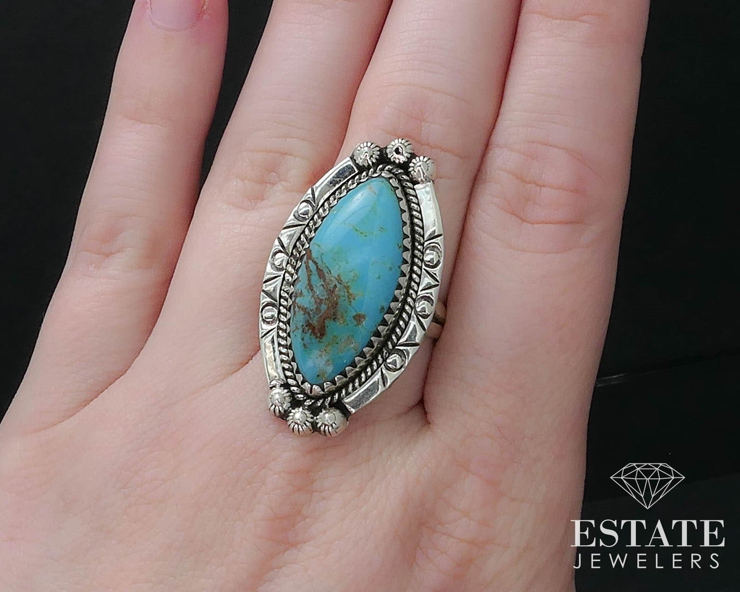 Vintage Sterling 925 Natural Turquoise Navajo Shield Ladies Ring 9.8g i16465