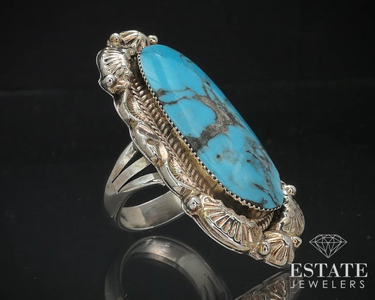 Vintage Sterling Natural Turquoise Navajo Running Bear Large Ring 23.6g i16464
