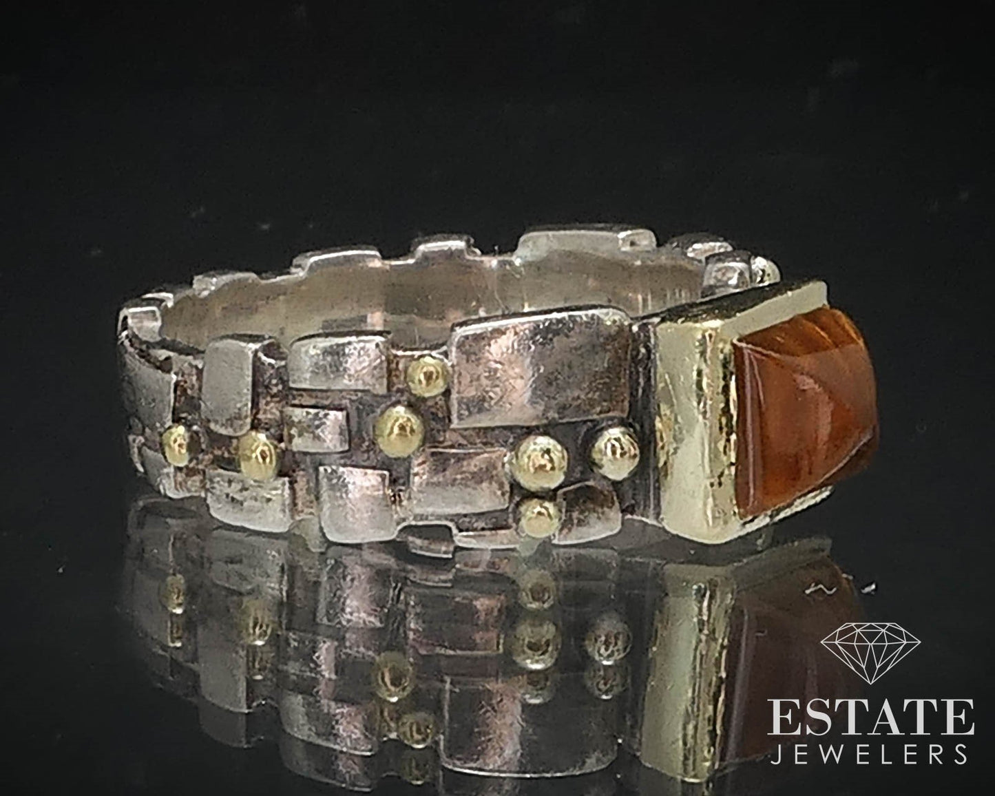 18k & Sterling Cabochon Natural Citrine Signed Ladies Band Ring 6.9g i16455