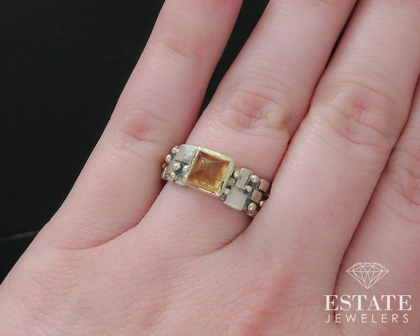 18k & Sterling Cabochon Natural Citrine Signed Ladies Band Ring 6.9g i16455