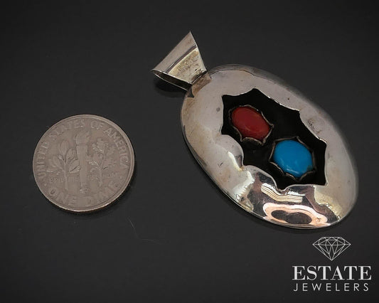 Vintage Sterling Signed MA Turquoise Coral Shadowbox Navajo Pendant 5.4g i16449