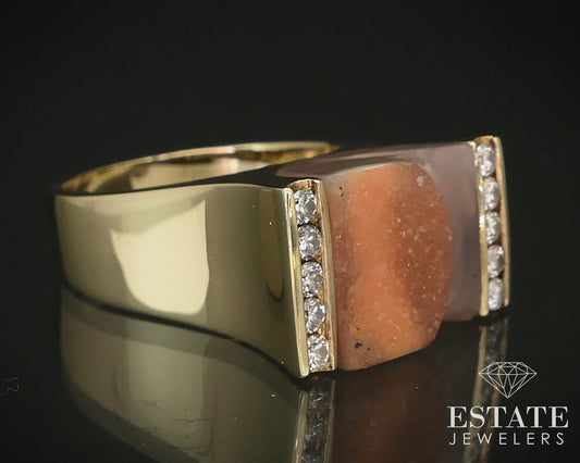 Custom 14k Yellow Gold Natural Druzy Quartz & Diamond Ring 14.4g i16374