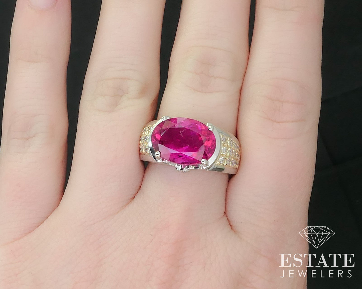 14k Two Tone Gold Natural Rubellite Tourmaline & Diamond Ring 12.2g i16382