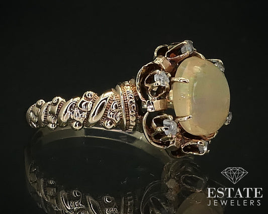 Antique Victorian 10k Rose Gold Natural Opal Rose Cut Diamond Ring 3g i16404