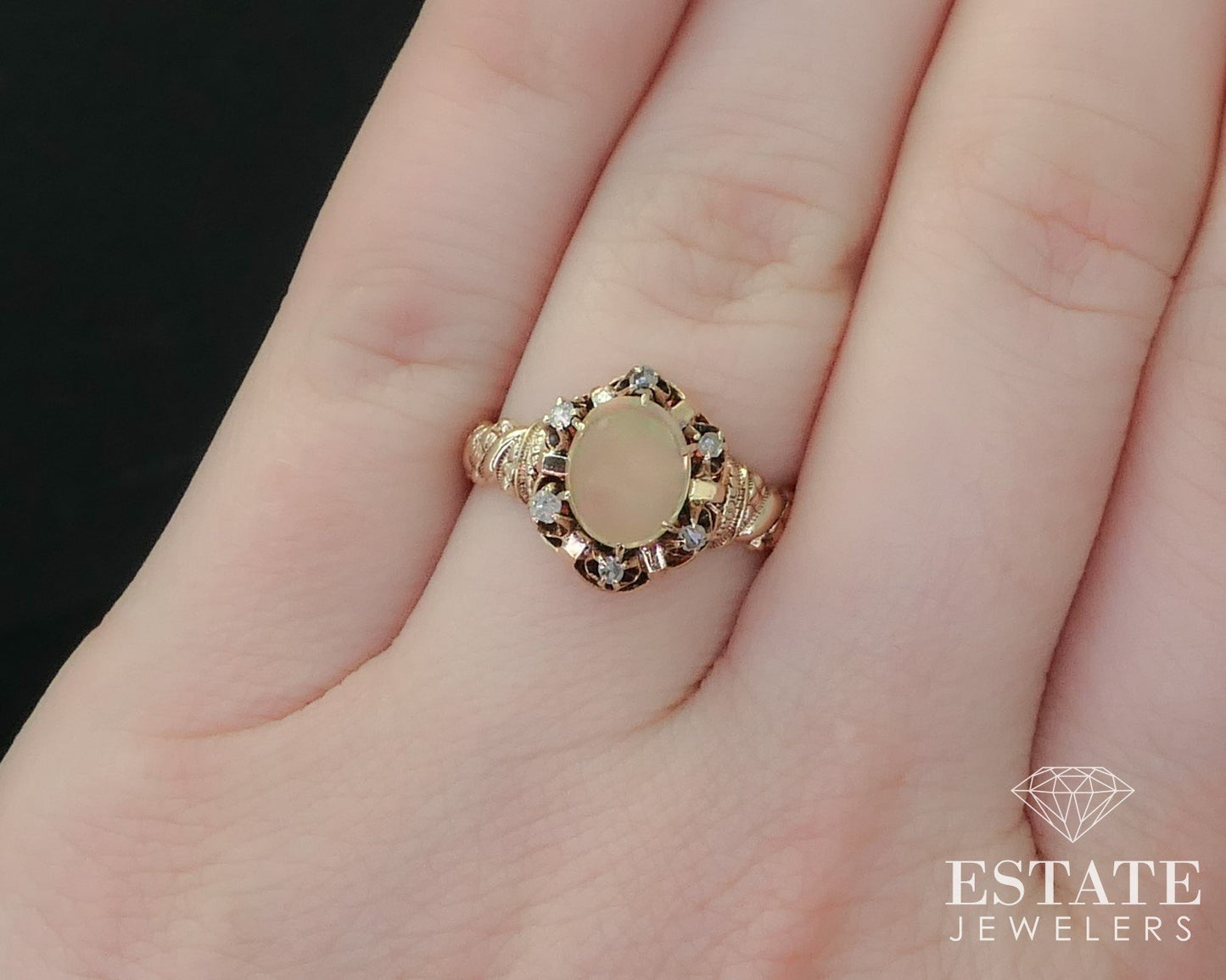 Antique Victorian 10k Rose Gold Natural Opal Rose Cut Diamond Ring 3g i16404