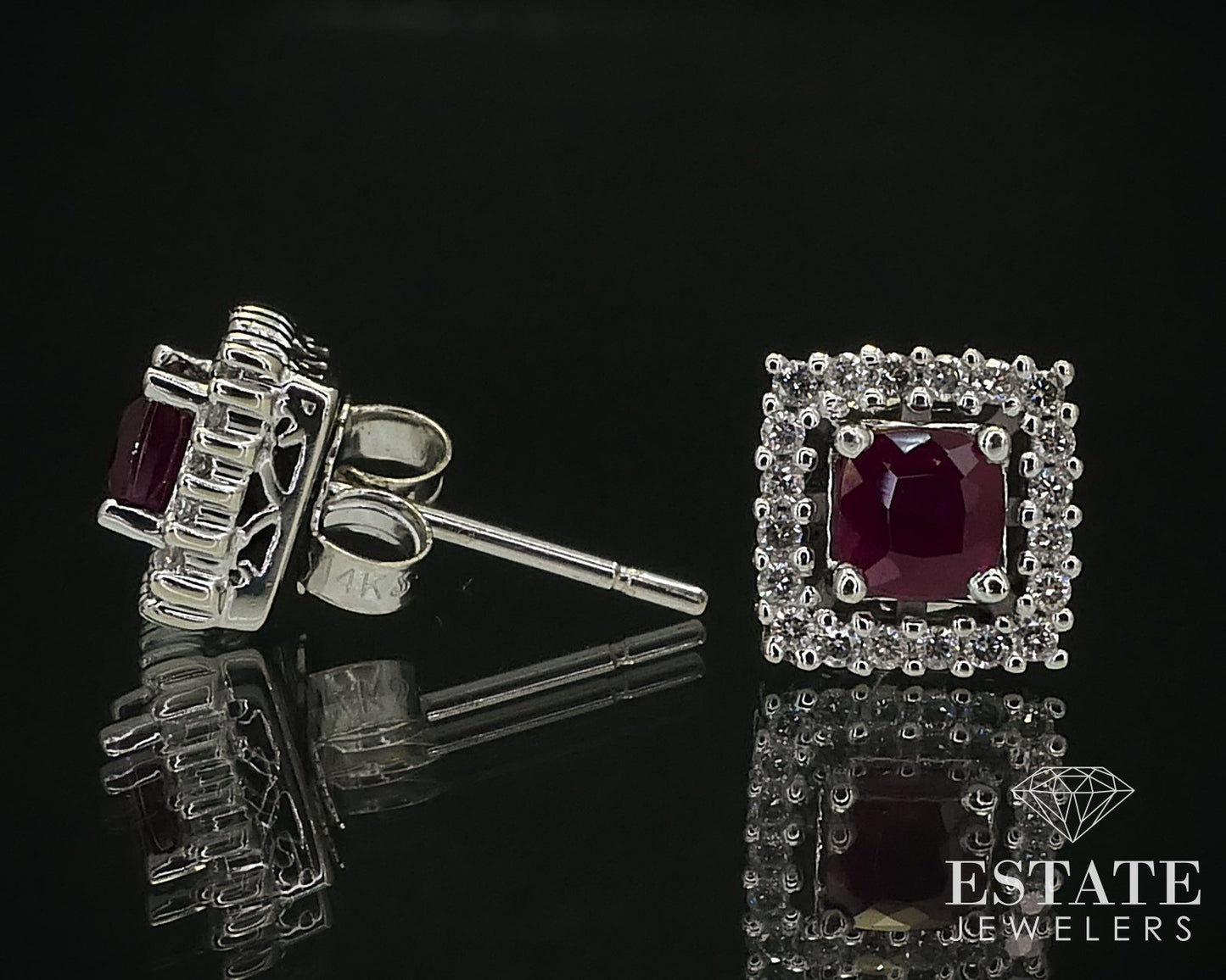 14k White Gold Cushion Natural Ruby & Diamond Halo Stud Earrings 2.8g i16417