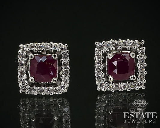 14k White Gold Cushion Natural Ruby & Diamond Halo Stud Earrings 2.8g i16417
