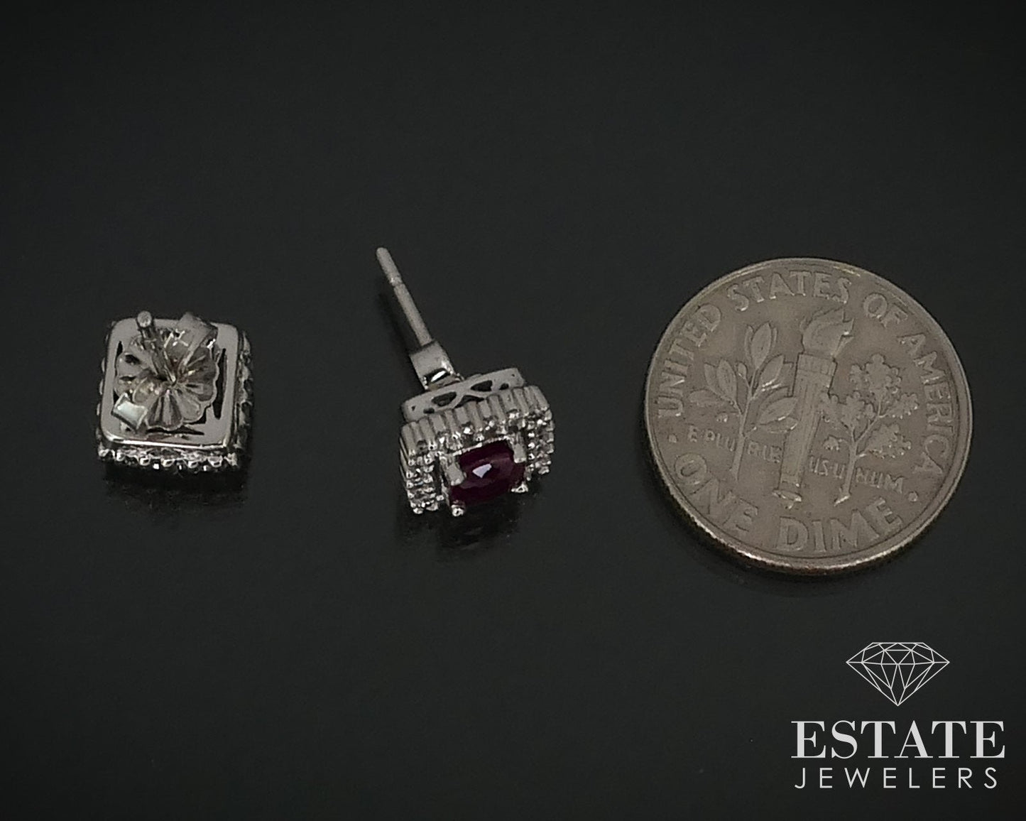 14k White Gold Cushion Natural Ruby & Diamond Halo Stud Earrings 2.8g i16417