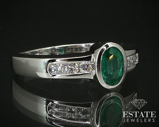 14k White Gold Oval Natural Emerald & Diamond Ladies Ring 4.4g i16413