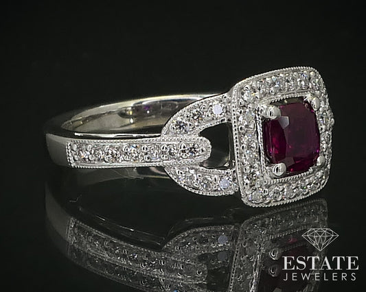 14k White Gold Cushion Natural Ruby & Diamond Halo Ladies Ring 4.5g i16416