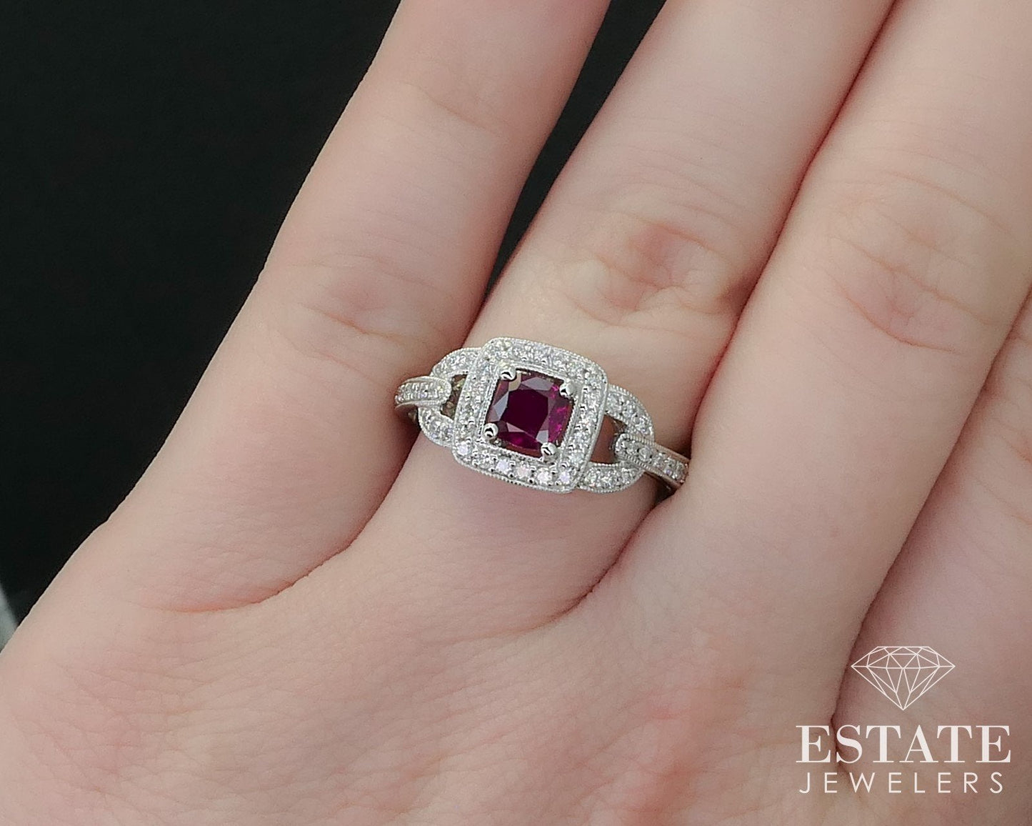 14k White Gold Cushion Natural Ruby & Diamond Halo Ladies Ring 4.5g i16416
