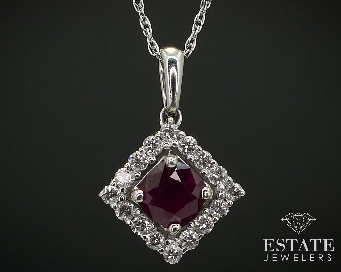 14k White Gold Cushion Natural Ruby & Diamond Halo Ladies Necklace 2.1g i16415