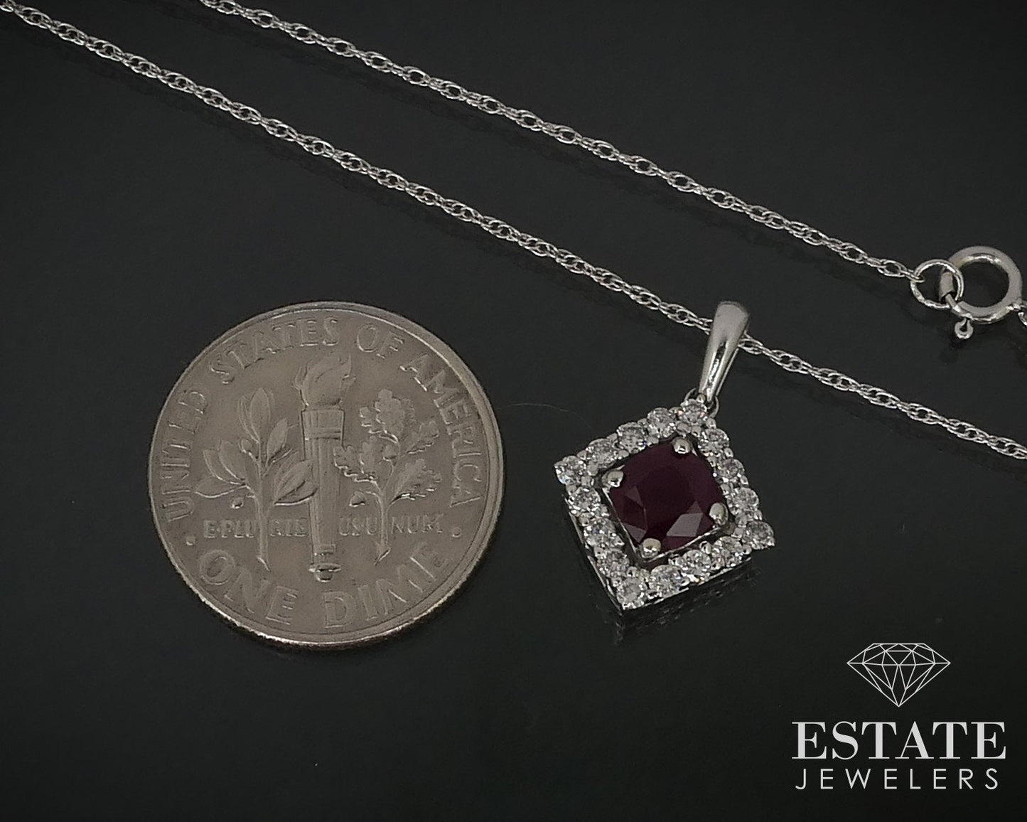 14k White Gold Cushion Natural Ruby & Diamond Halo Ladies Necklace 2.1g i16415