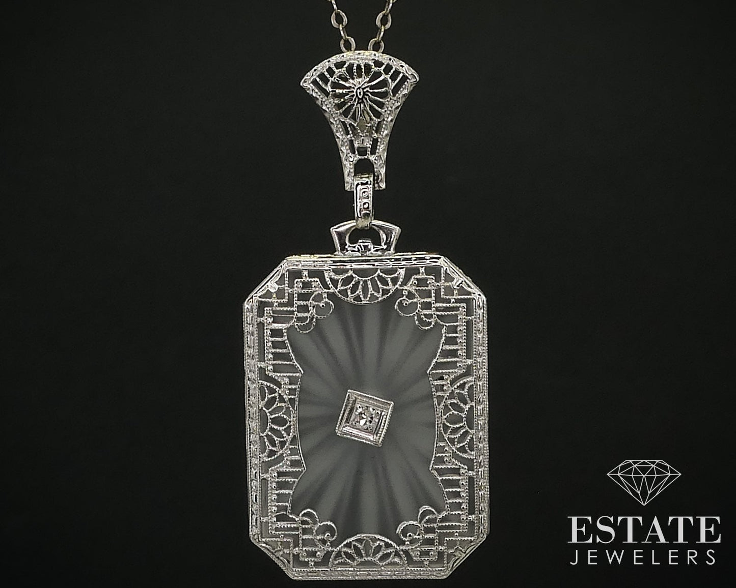 Antique 14k White Gold Rock Crystal Quartz Diamond Filigree Necklace 5.9g i16408