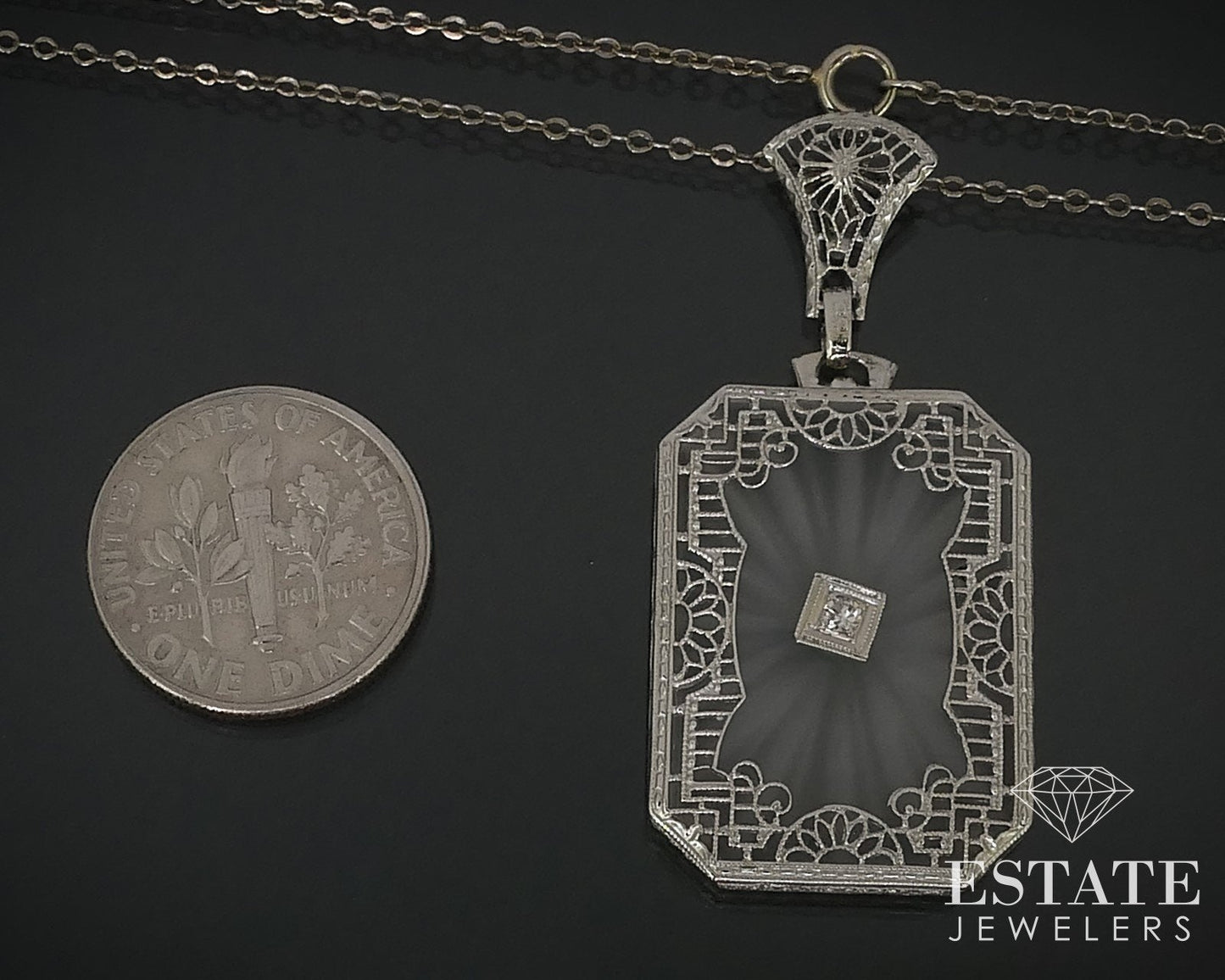 Antique 14k White Gold Rock Crystal Quartz Diamond Filigree Necklace 5.9g i16408