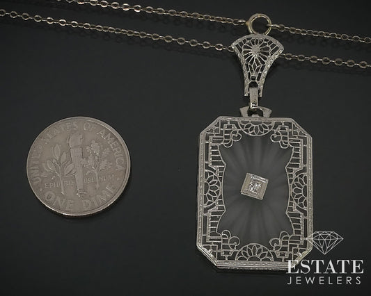 Antique 14k White Gold Rock Crystal Quartz Diamond Filigree Necklace 5.9g i16408