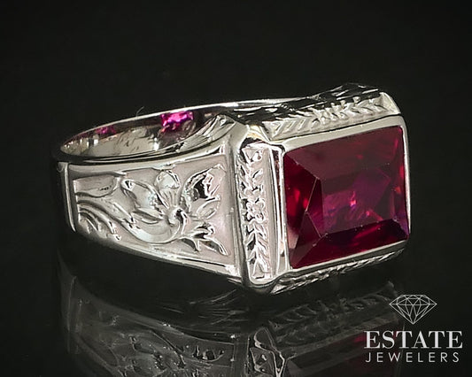 Antique 14k White Gold Ruby Engraved Mens Band Ring 7.1g i16475