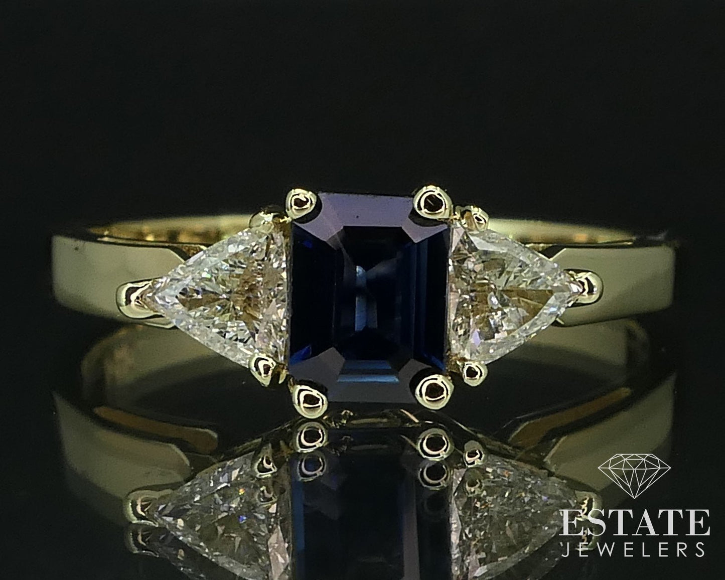 14k Yellow Gold Emerald Natural Blue Sapphire & Trillion Diamond Ring 3g i16495