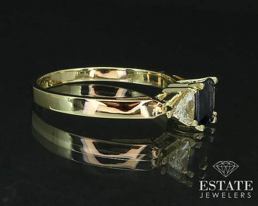 14k Yellow Gold Emerald Natural Blue Sapphire & Trillion Diamond Ring 3g i16495