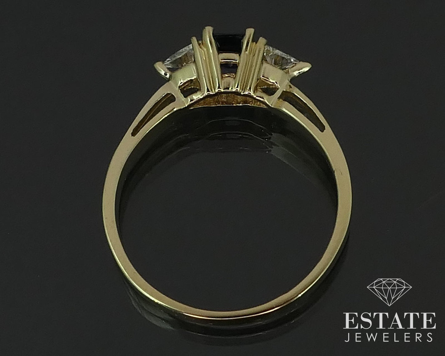 14k Yellow Gold Emerald Natural Blue Sapphire & Trillion Diamond Ring 3g i16495