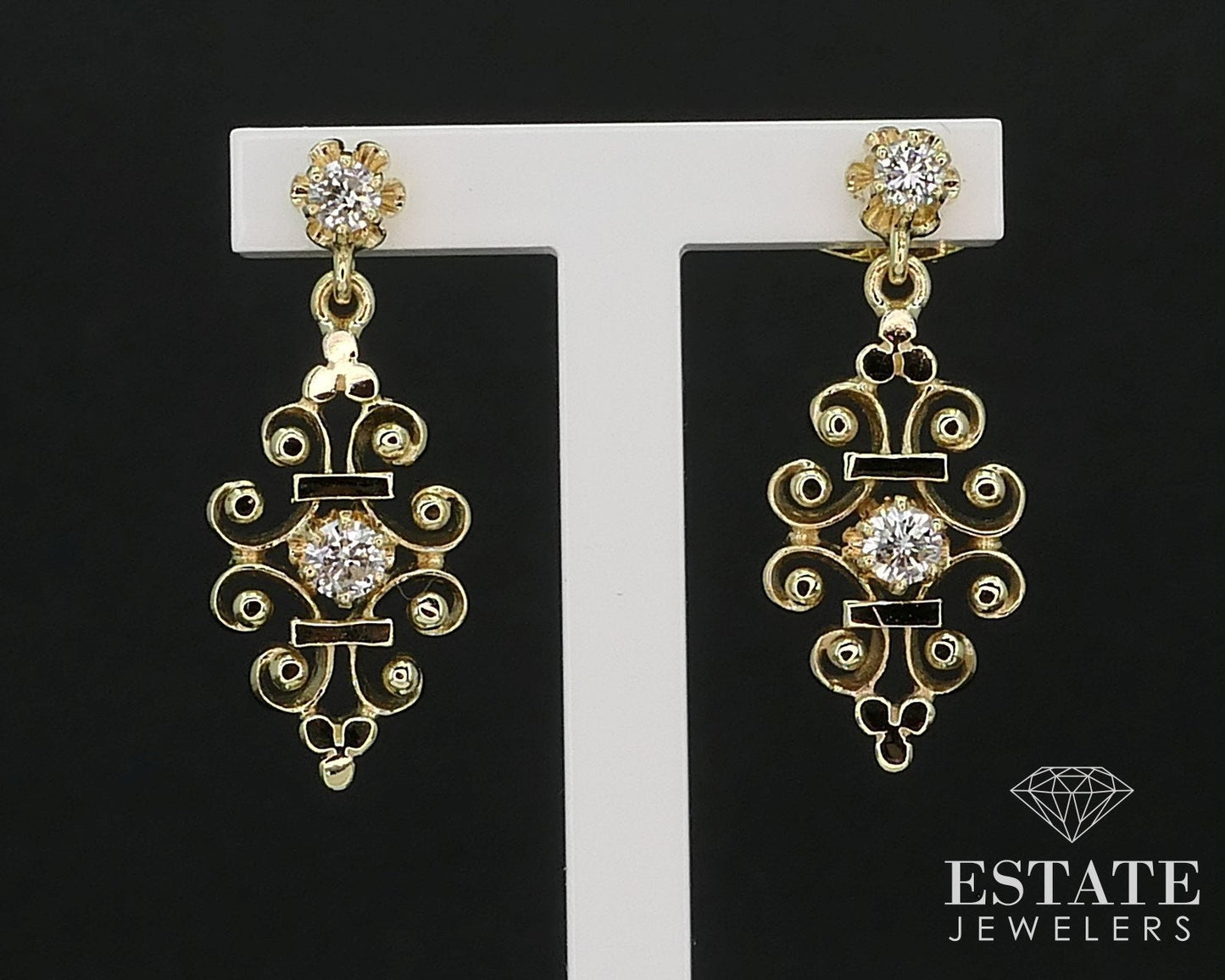 14k Yellow Gold Natural .44ctw Diamond Open Scroll Dangle Earrings 4g i16498