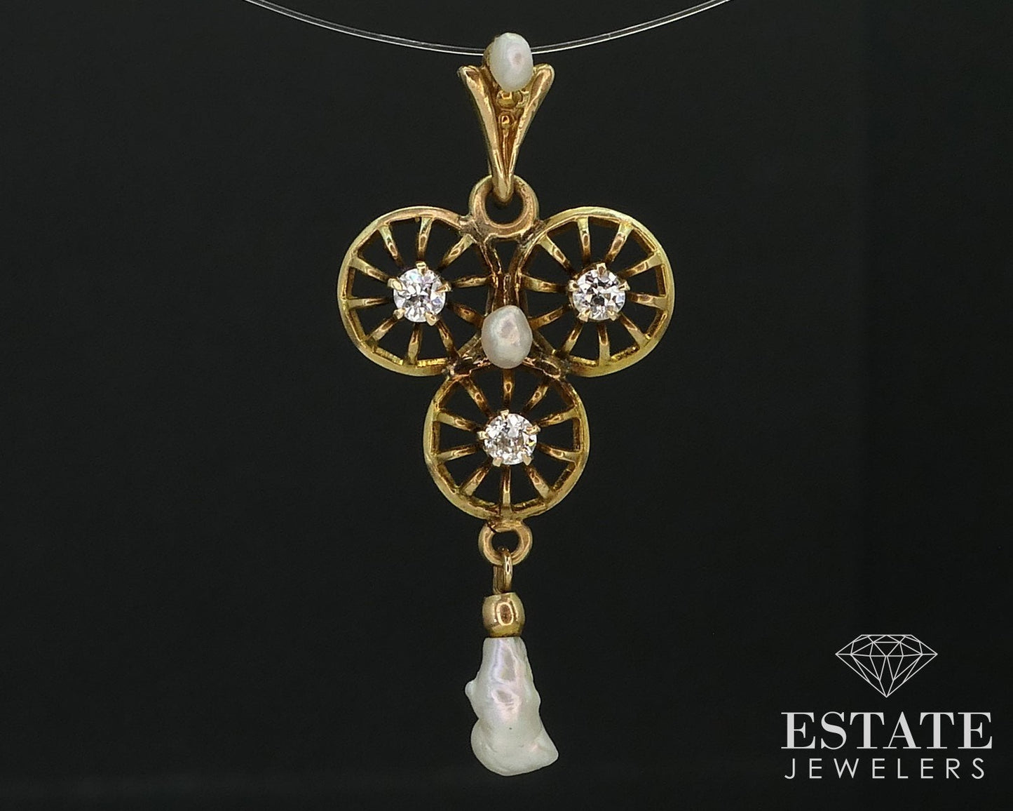 Antique Victorian 10k Yellow Gold Diamond & Seed Pearl Lavalier Pendant i16508