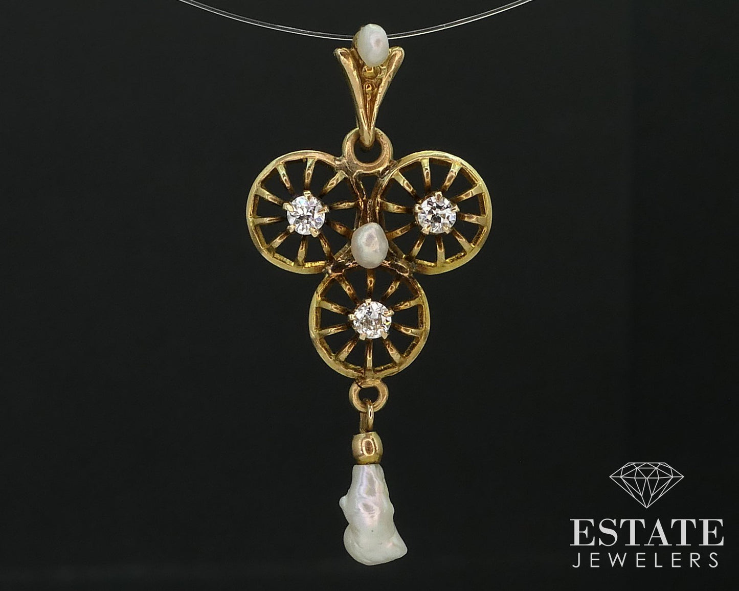 Antique Victorian 10k Yellow Gold Diamond & Seed Pearl Lavalier Pendant i16508