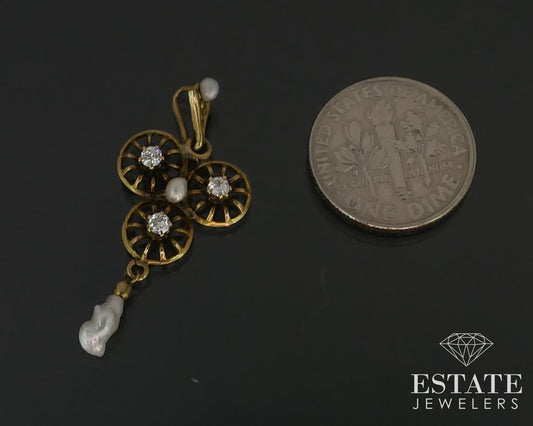 Antique Victorian 10k Yellow Gold Diamond & Seed Pearl Lavalier Pendant i16508