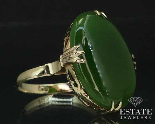 Antique Victorian 8k Yellow Gold Natural Green Jade Filigree Ring 4g i16531