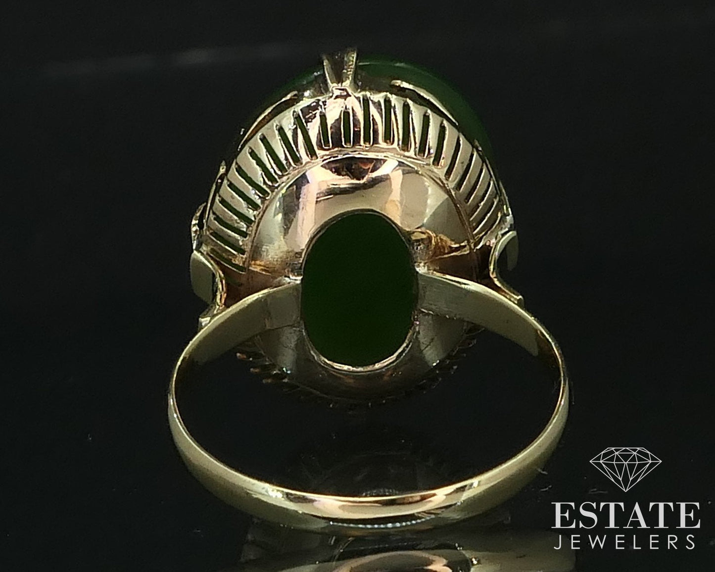 Antique Victorian 8k Yellow Gold Natural Green Jade Filigree Ring 4g i16531