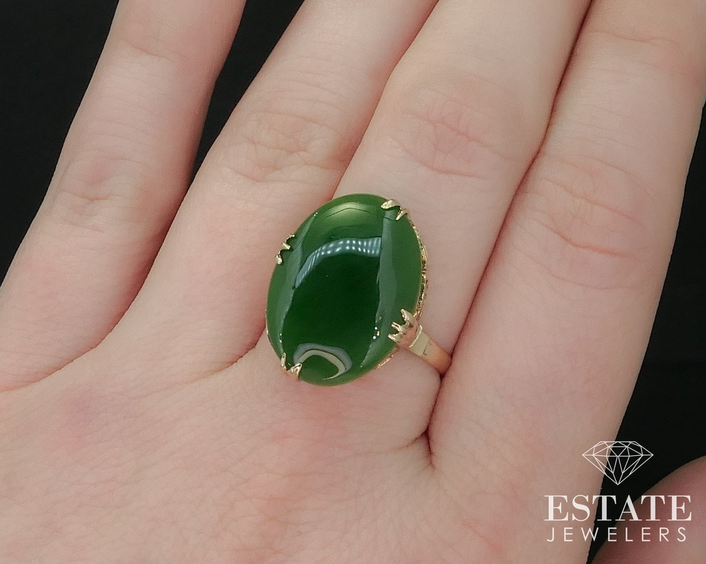 Antique Victorian 8k Yellow Gold Natural Green Jade Filigree Ring 4g i16531