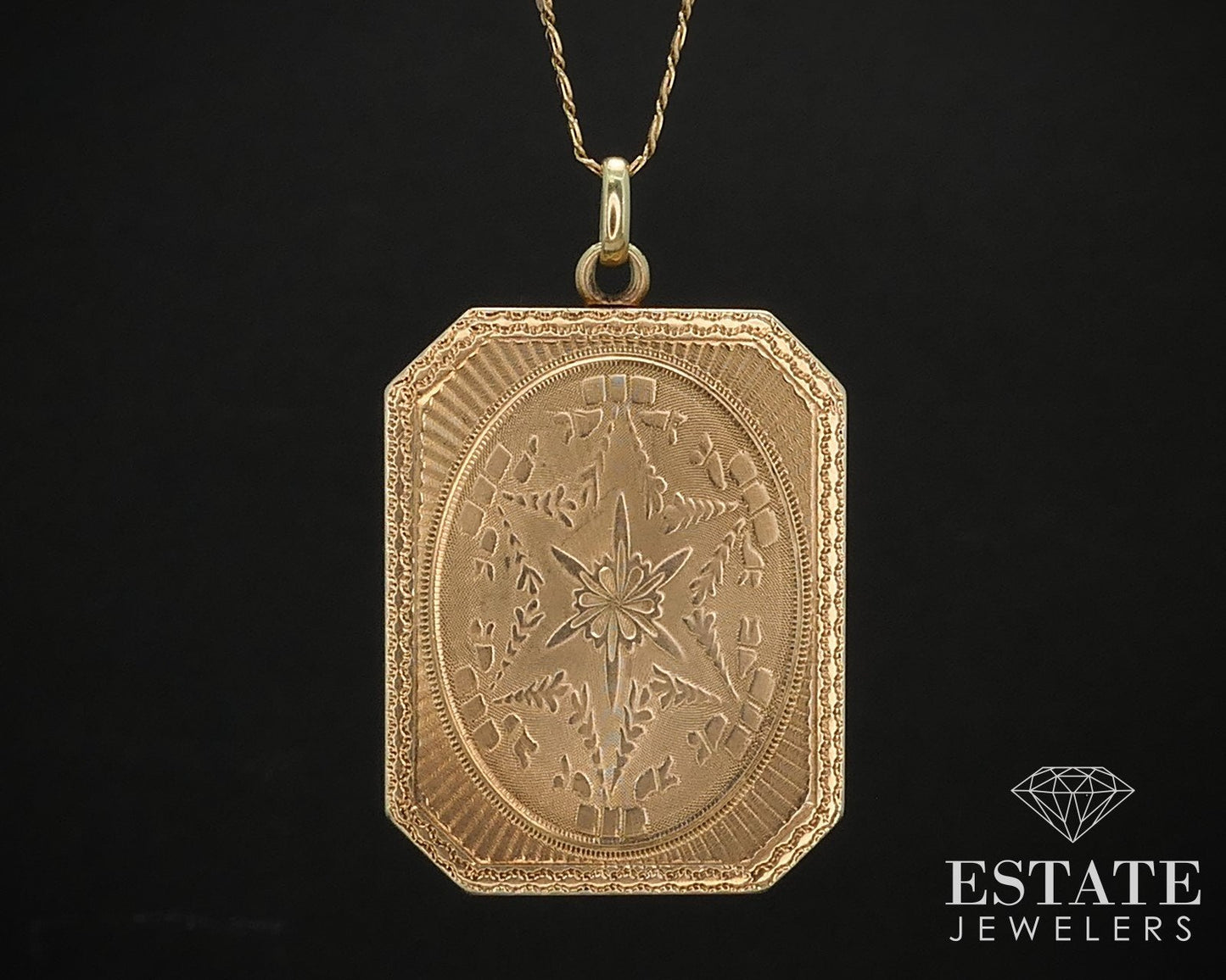 Antique Victorian 14k Yellow Gold Engraved Square Locket Necklace 17.3g i16527