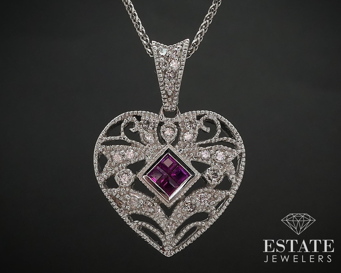 14k White Gold Natural Ruby & Diamond Heart Ladies Necklace 6.2g i16523