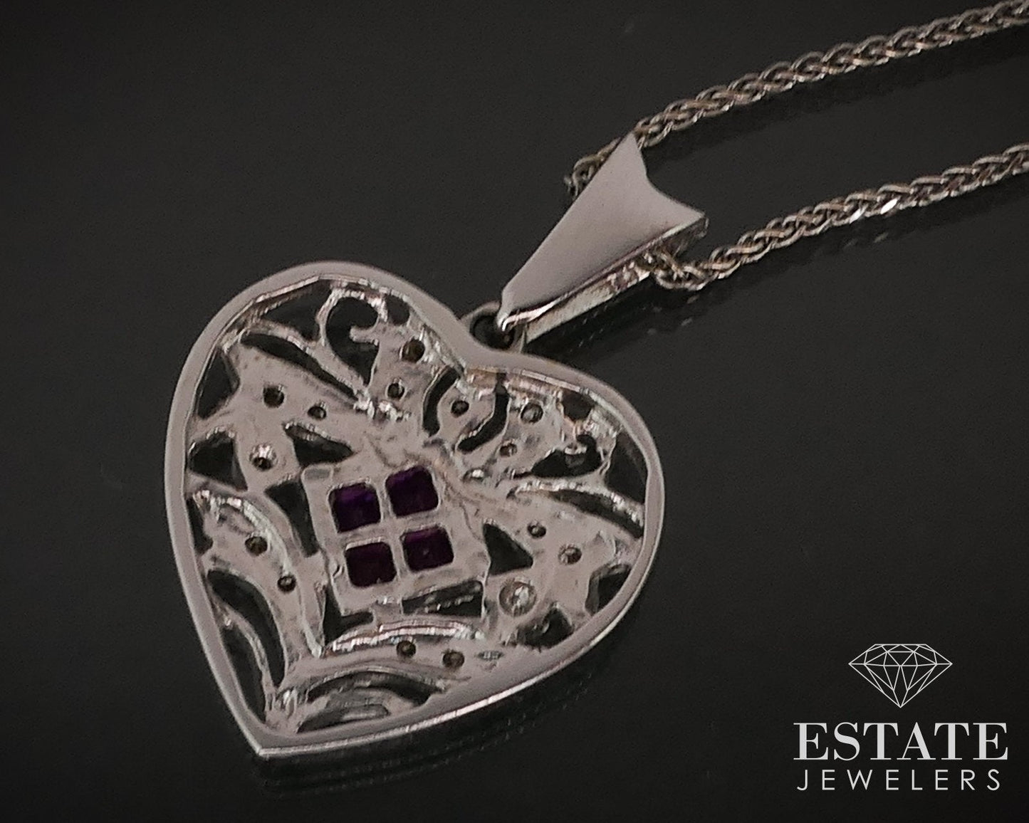 14k White Gold Natural Ruby & Diamond Heart Ladies Necklace 6.2g i16523
