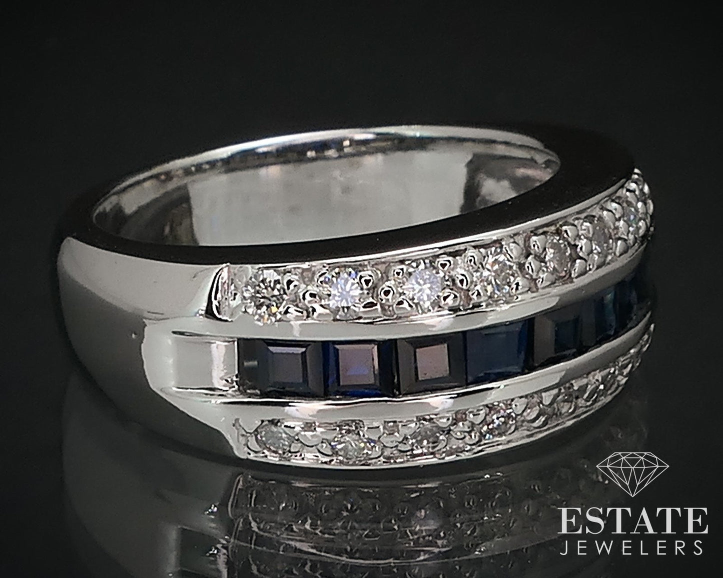14k White Gold Natural Blue Sapphire & Diamond Ladies Band Ring 8.3g i16520