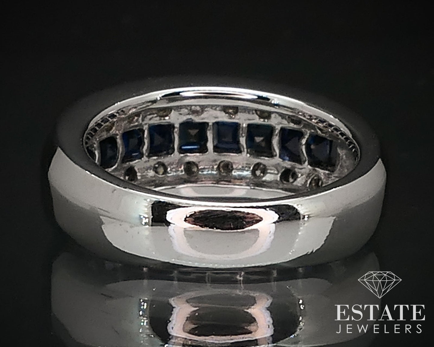 14k White Gold Natural Blue Sapphire & Diamond Ladies Band Ring 8.3g i16520