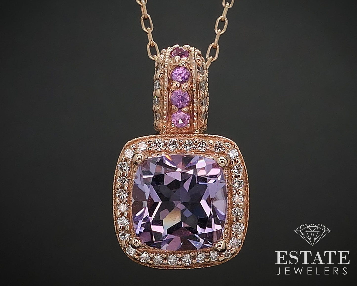 14k Strawberry Gold LeVian Natural Amethyst & Diamond Ladies Necklace 5g i16518