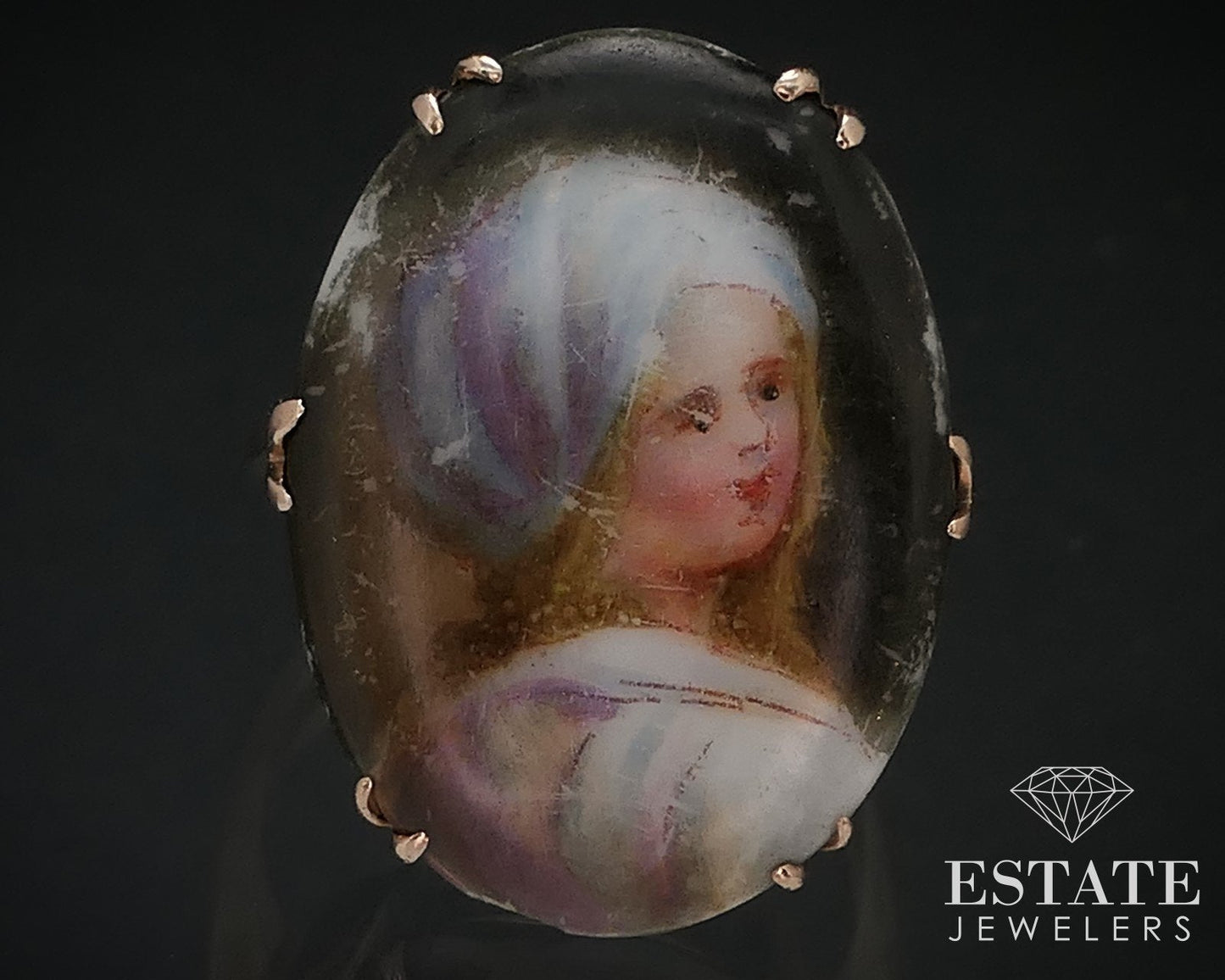 Antique Victorian 14k Yellow Gold Painted Portrait Ladies Ring 3g i16564