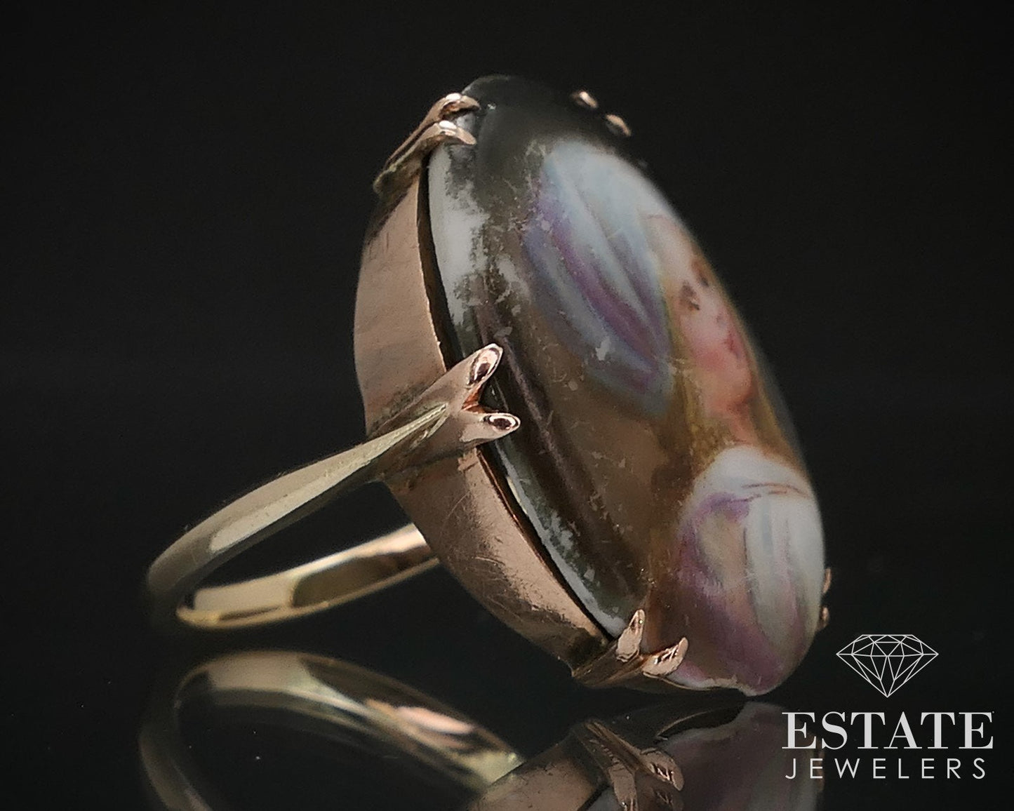 Antique Victorian 14k Yellow Gold Painted Portrait Ladies Ring 3g i16564