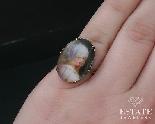 Antique Victorian 14k Yellow Gold Painted Portrait Ladies Ring 3g i16564