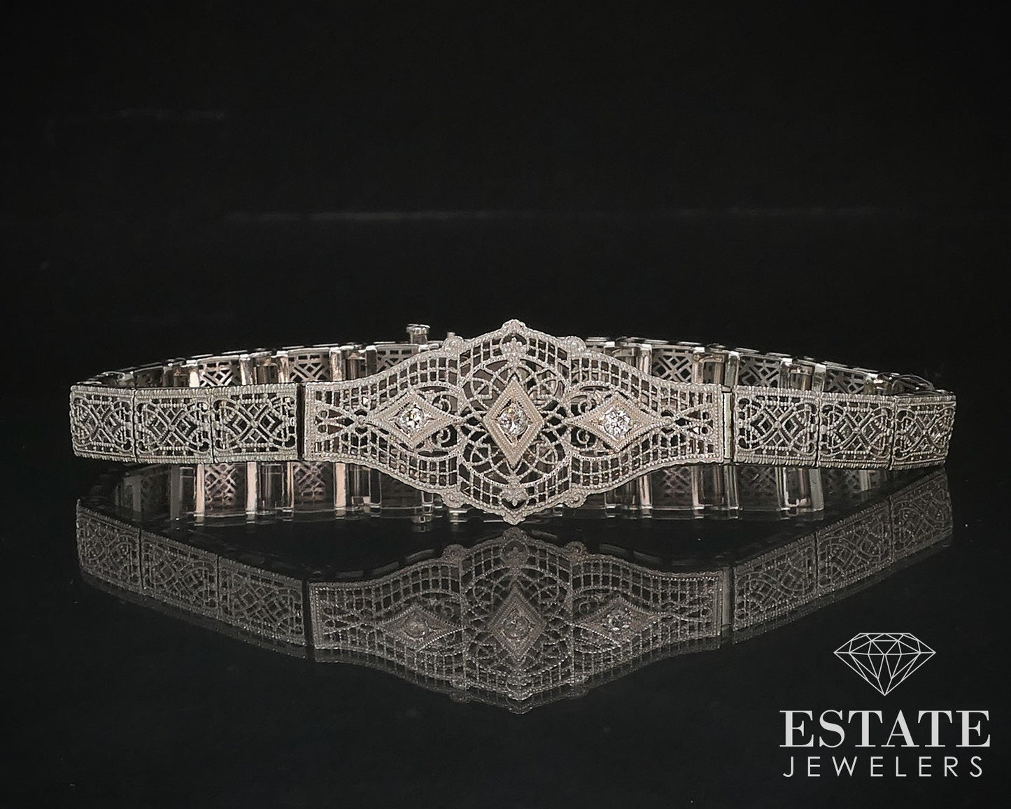 Antique Edwardian 10k White Gold Natural Diamond Filigree Bracelet 10g i16578