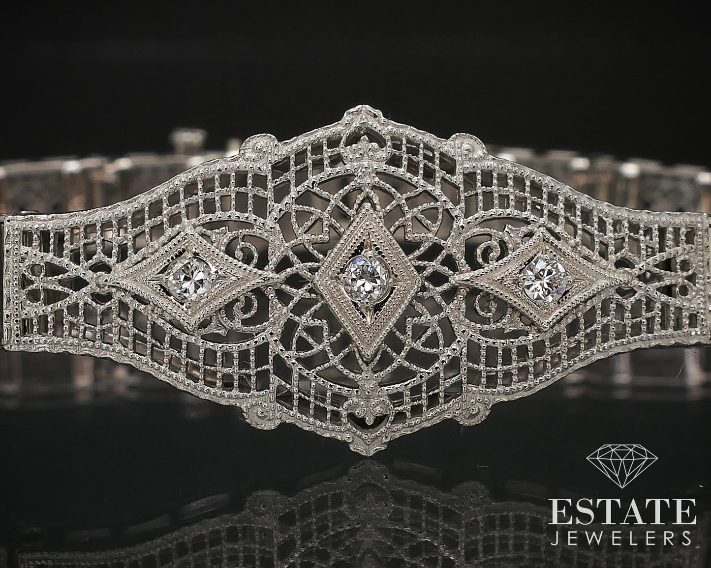Antique Edwardian 10k White Gold Natural Diamond Filigree Bracelet 10g i16578