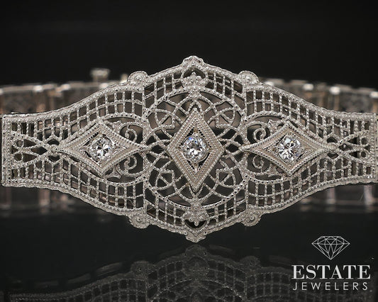 Antique Edwardian 10k White Gold Natural Diamond Filigree Bracelet 10g i16578