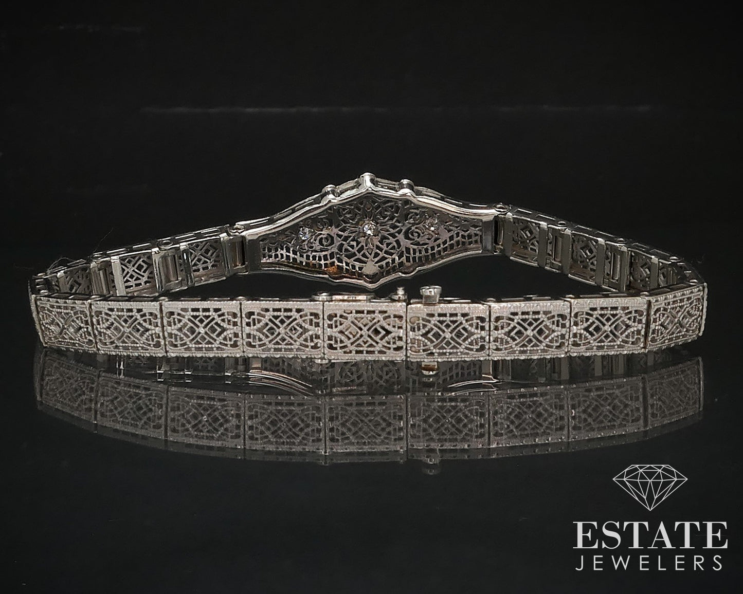 Antique Edwardian 10k White Gold Natural Diamond Filigree Bracelet 10g i16578