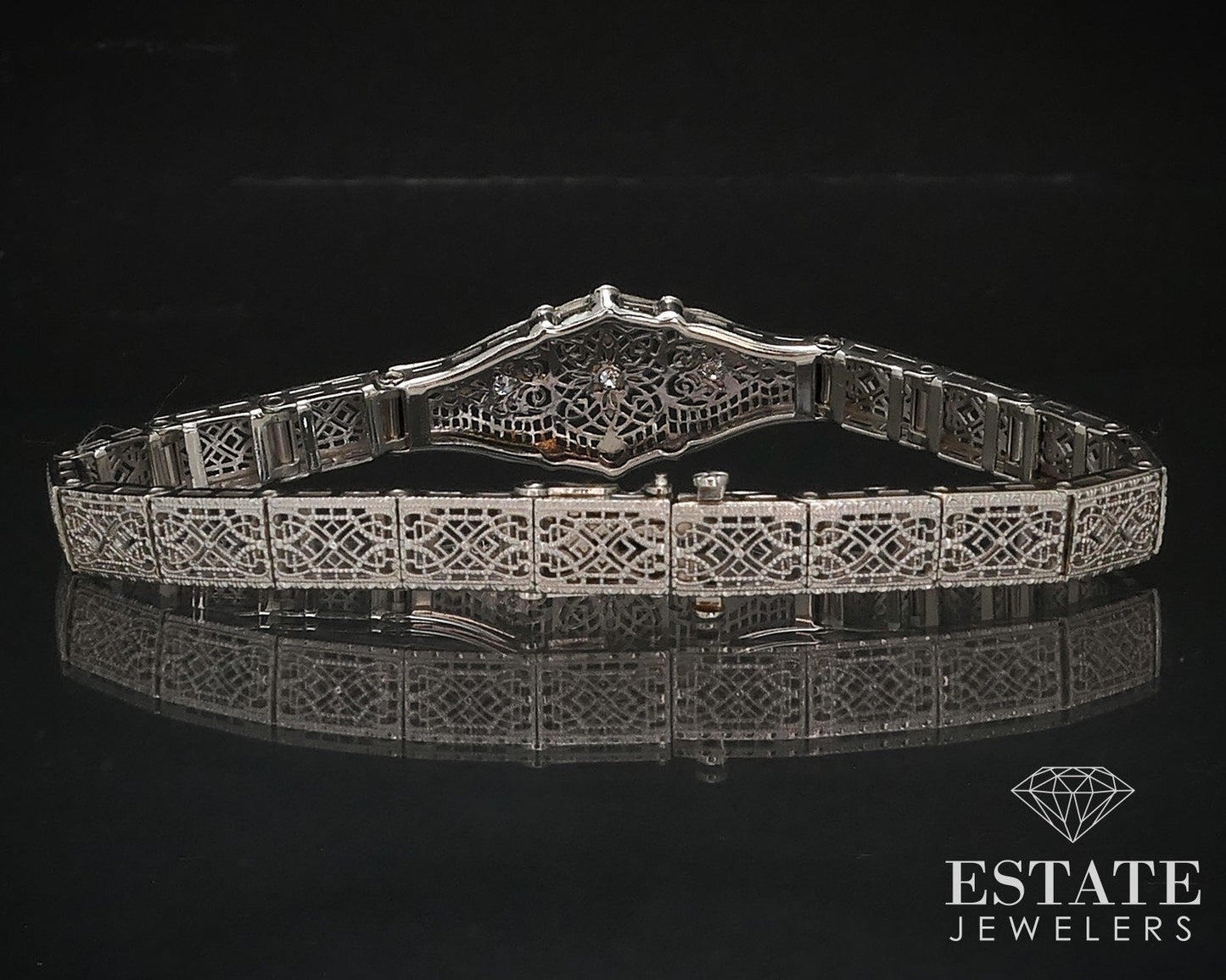 Antique Edwardian 10k White Gold Natural Diamond Filigree Bracelet 10g i16578