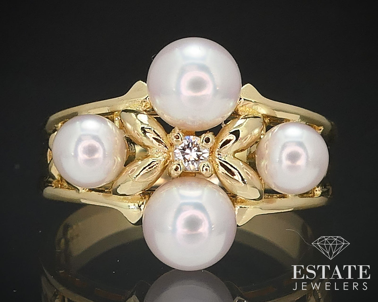 Vintage 18k Yellow Gold Mikimoto Akoya Pearl & Diamond Ring 5.2g i16589